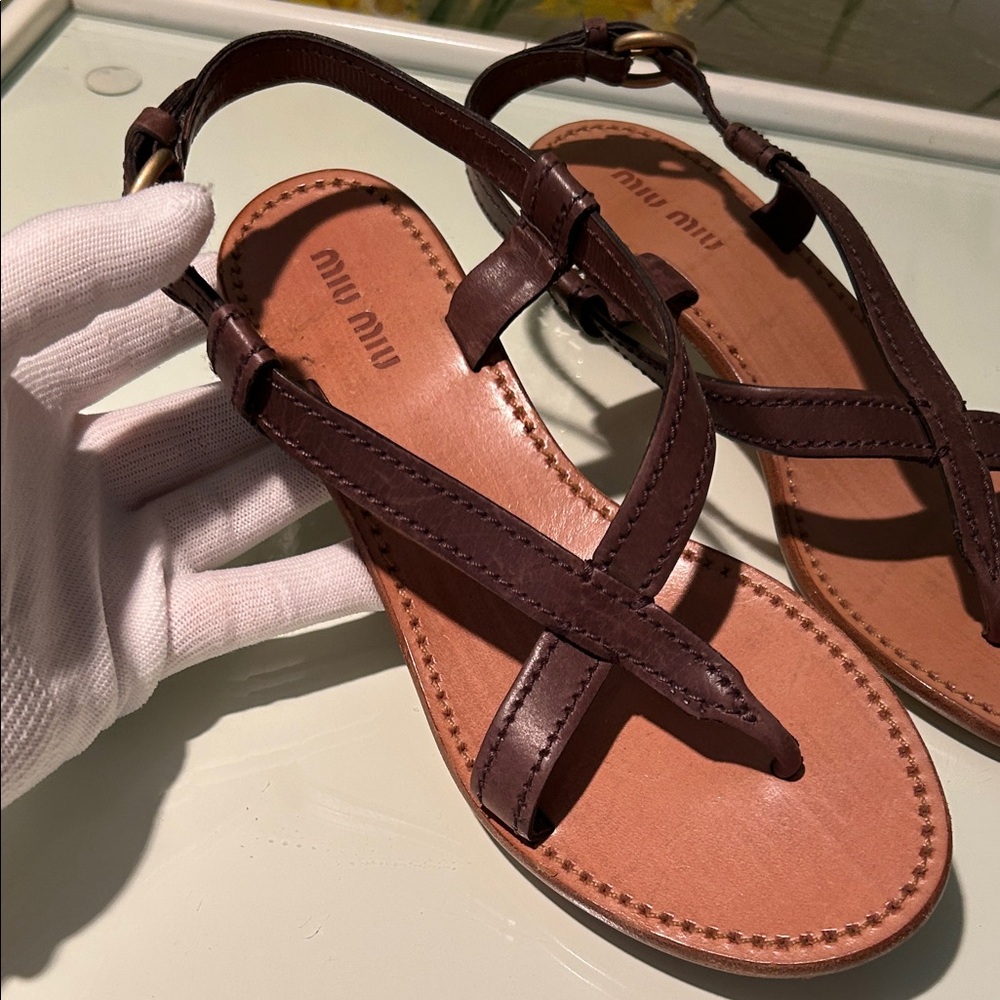 Miu Miu Brown Leather Criss-Cross Strap Sandals with Crystal Embellished Heel